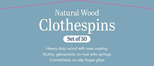 Whitmor 50 Pack Wooden Clothespins, 3.38 Inch Heavy Duty Clothes Pins for Laundry Line, Natural Wood Clips with Rust-Resistant Springs for Hanging Clothes, Photos, Crafts and DIY Projects