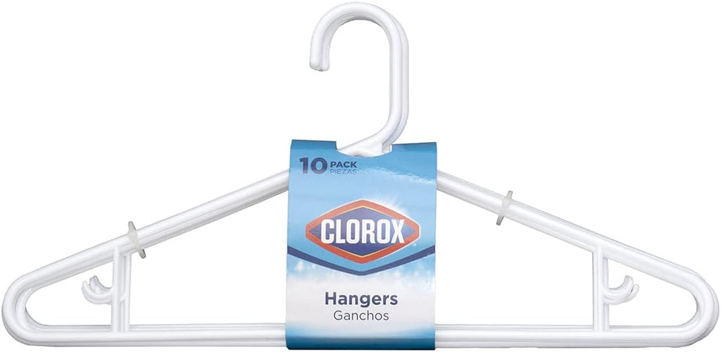 Clorox White Plastic Clothes Hangers – 10 Pack | Ideal for Everyday Standard Use | Two Accessory Hooks | Value Set