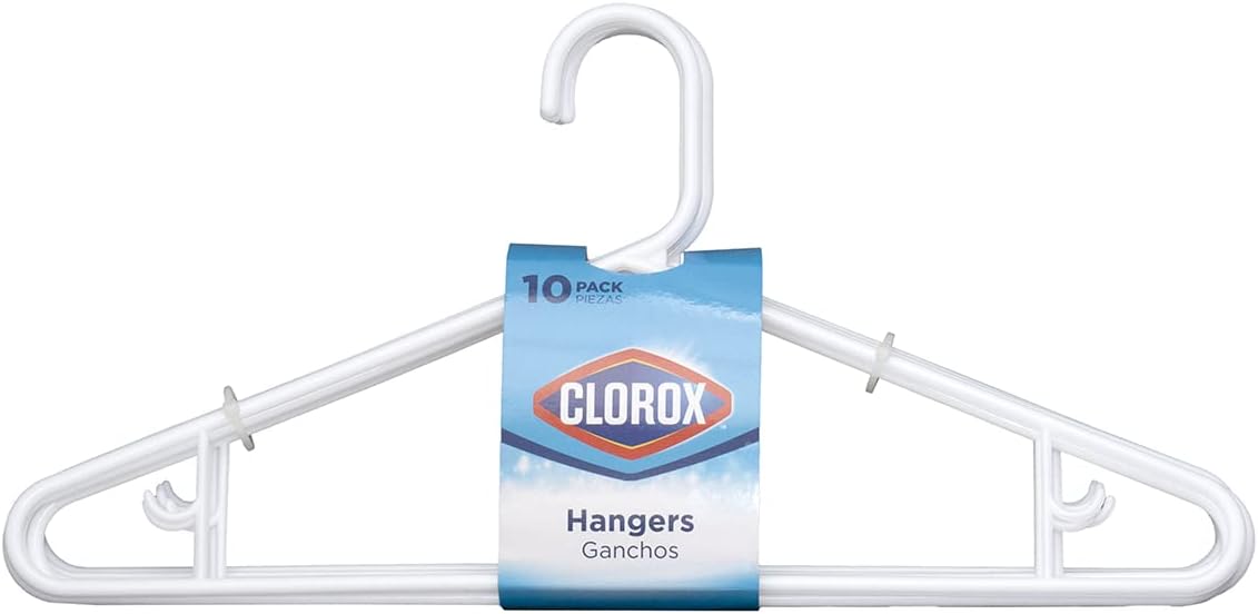 Clorox White Plastic Clothes Hangers – 10 Pack | Ideal for Everyday Standard Use | Two Accessory Hooks | Value Set