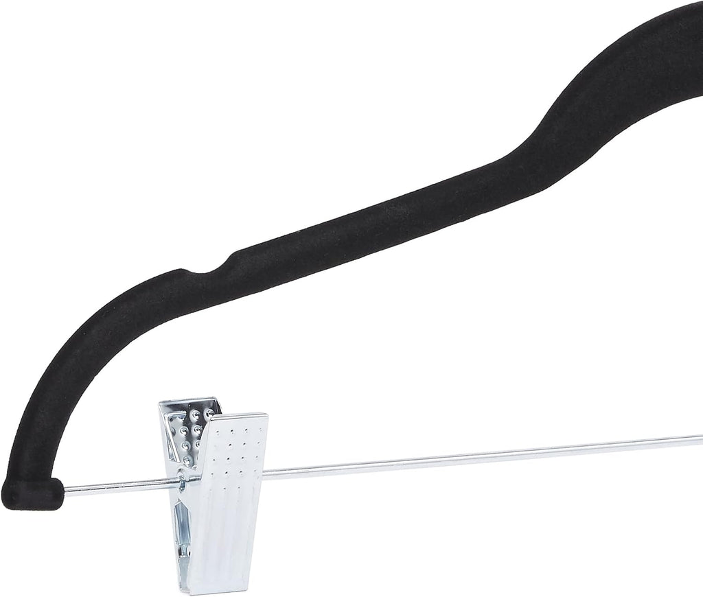 Amazon Basics Velvet Non-Slip Skirt Clothes Hangers with Clips, 360 Degree Rotatable Hook, Organize Pants and Skirts, Black/Silver, 24-Pack