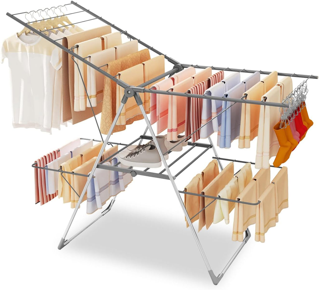 Bigzzia Clothes Drying Rack Foldable, 2-Level Large Laundry Drying Rack