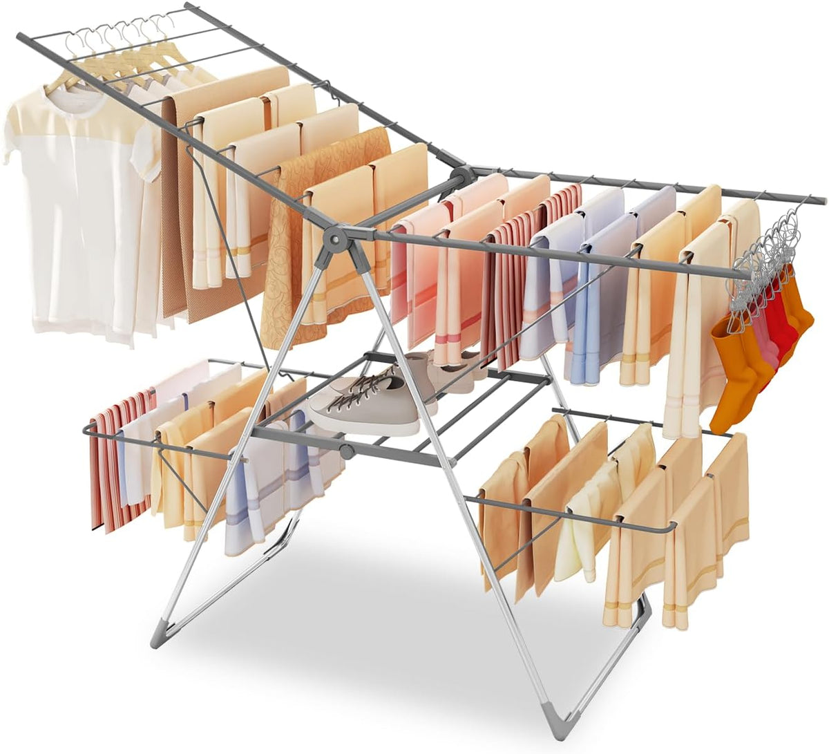 Bigzzia Clothes Drying Rack Foldable, 2-Level Large Laundry Drying Rack