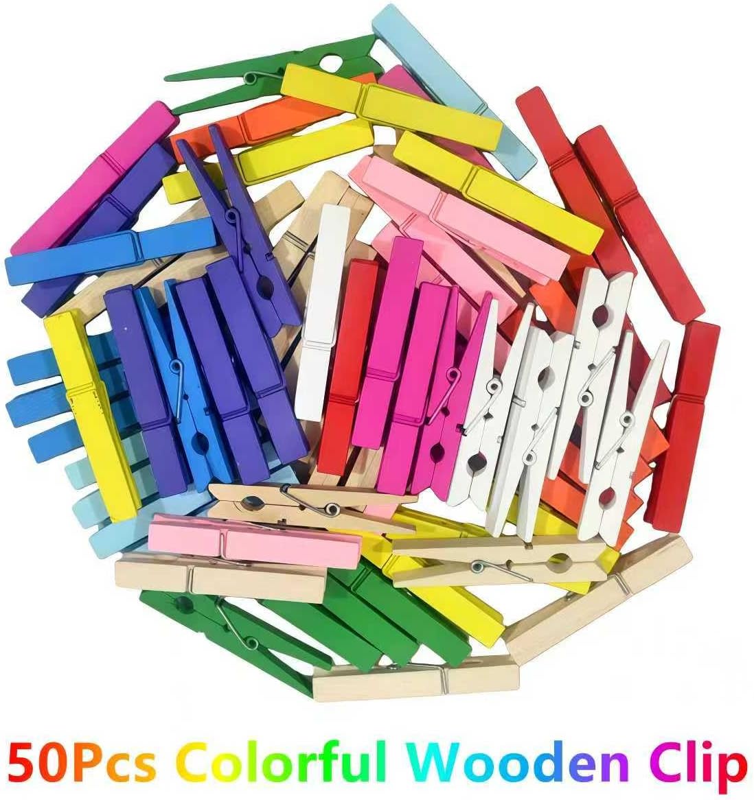 50PCS Colorful Wooden Clothespins, 2.9 Inch Clothing Clips, Large Wooden Clothes Pins, Decorative Pins, 11 Color, Strong Grip, Multipurpose Clips for Crafts Hanging Clothes Picture