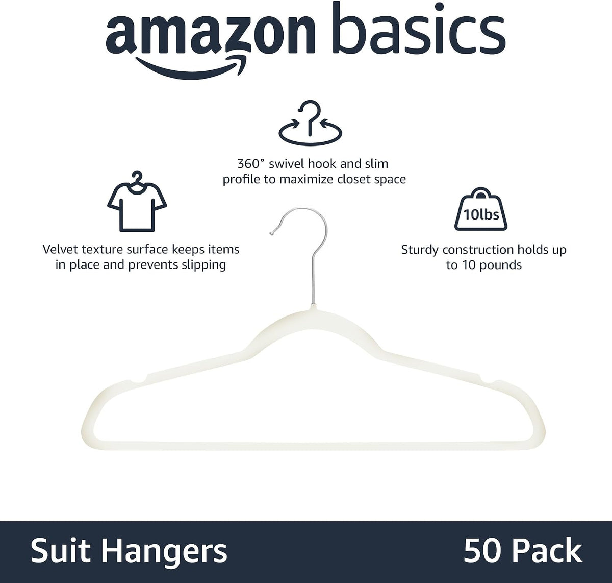 Amazon Basics Slim Velvet Non-Slip Space Saving Suit Clothes Hangers with Shoulder Notches for Closet Organization, Ivory/Silver, 50-Pack