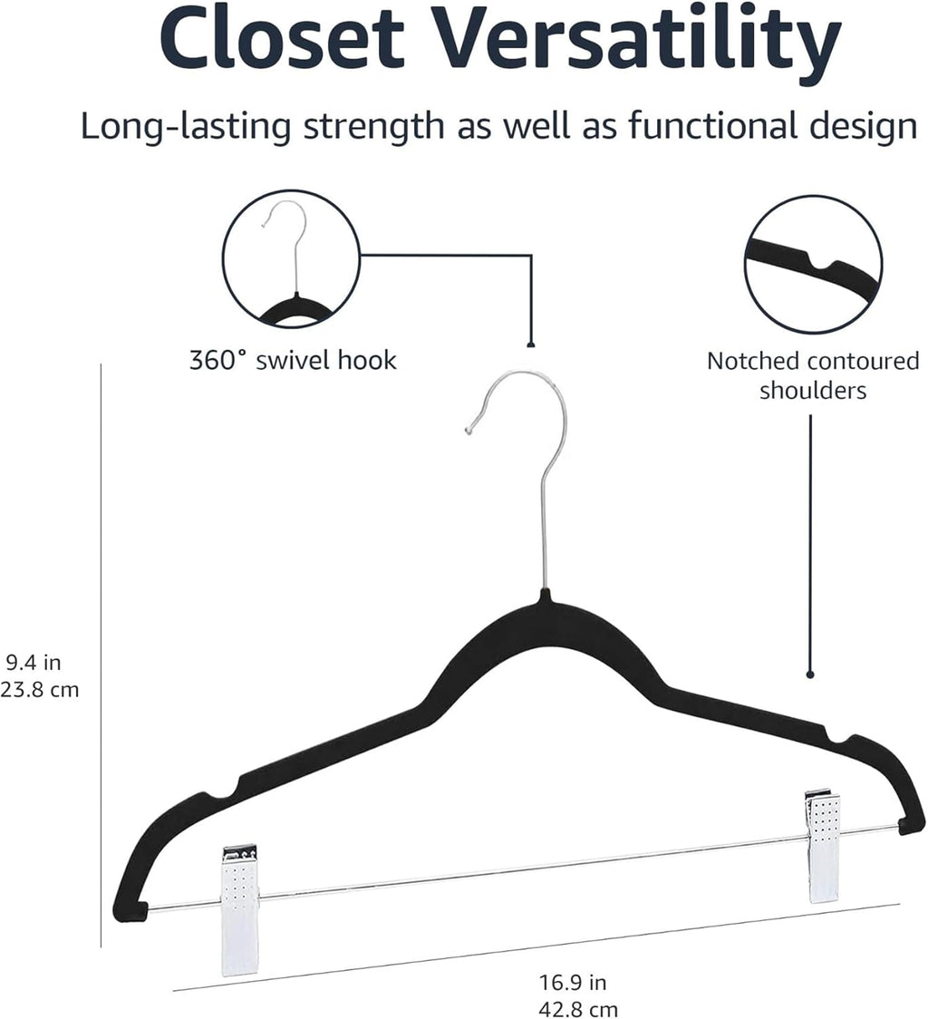 Amazon Basics Velvet Non-Slip Skirt Clothes Hangers with Clips, 360 Degree Rotatable Hook, Organize Pants and Skirts, Black/Silver, 24-Pack