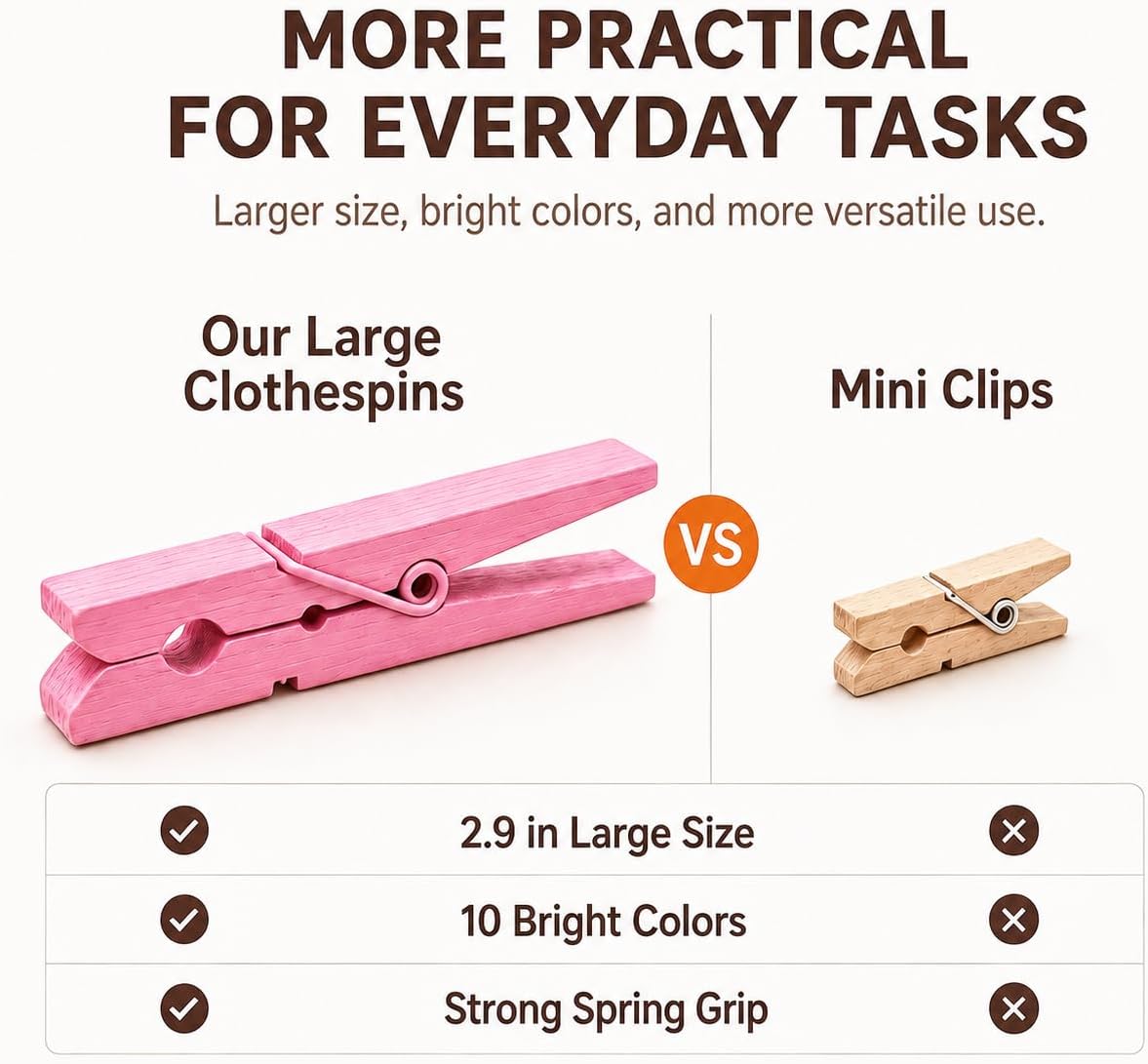 TONOS Wooden Clothespins 50 Pack, 2.9 Inch Colored Clothes Pins for Crafts