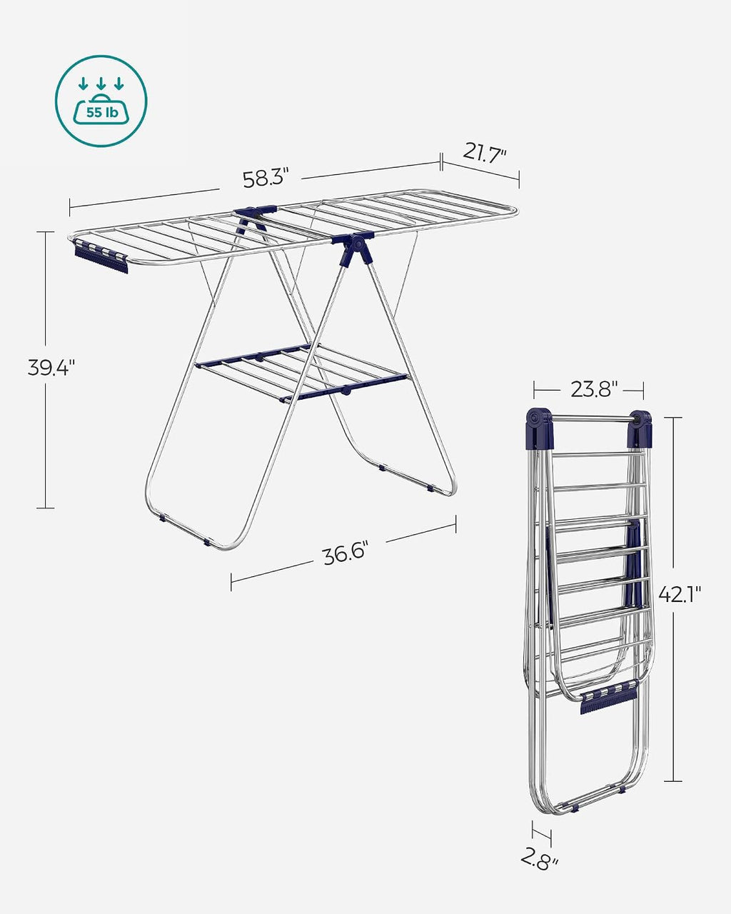 SONGMICS Clothes Drying Rack, Foldable Space-Saving Steel Laundry Rack