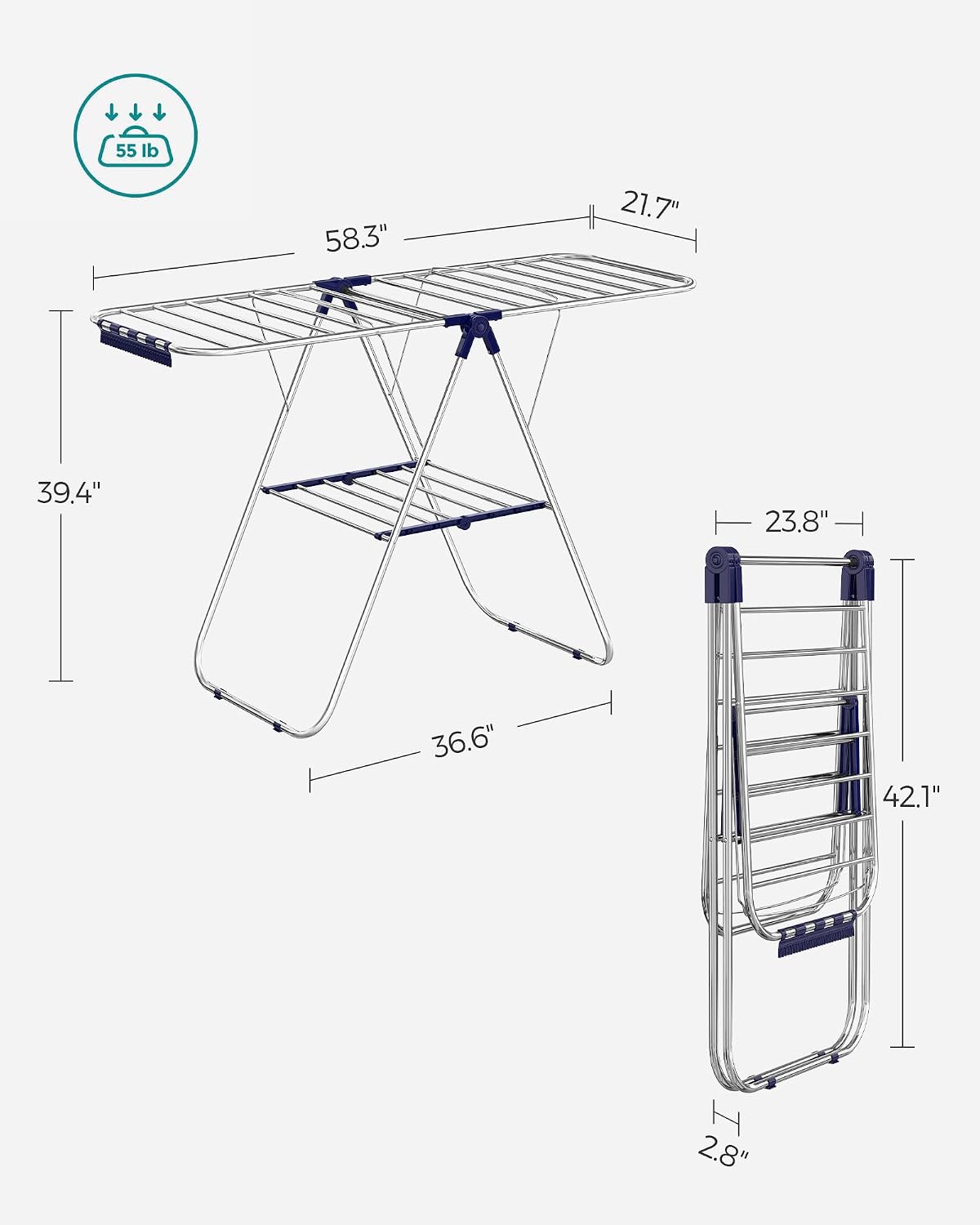 SONGMICS Clothes Drying Rack, Foldable Space-Saving Steel Laundry Rack