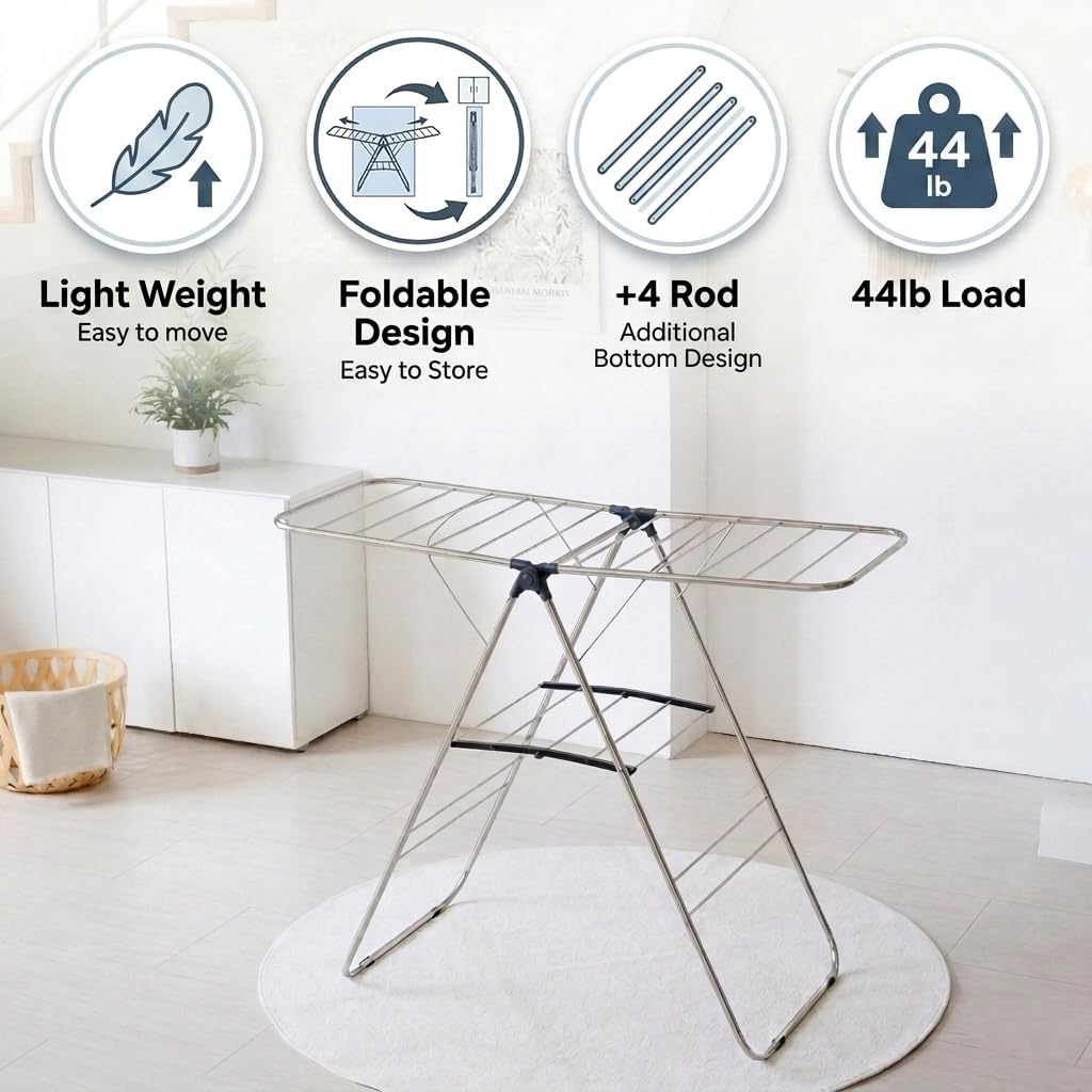 TRESBELLE Stainless Steel Clothes Drying Rack,Foldable Laundry Dryer,Size Ｌ