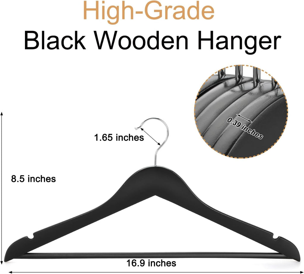 TOPIA HANGER Wooden Coat Hangers 30 Pack, Black Wood Suit Hangers, 360° Swivel Hook and Non-Slip Shoulder Notches for Camisole, Jacket, Pant, Shirt, Smooth Finished Clothes Hangers -CT54B30