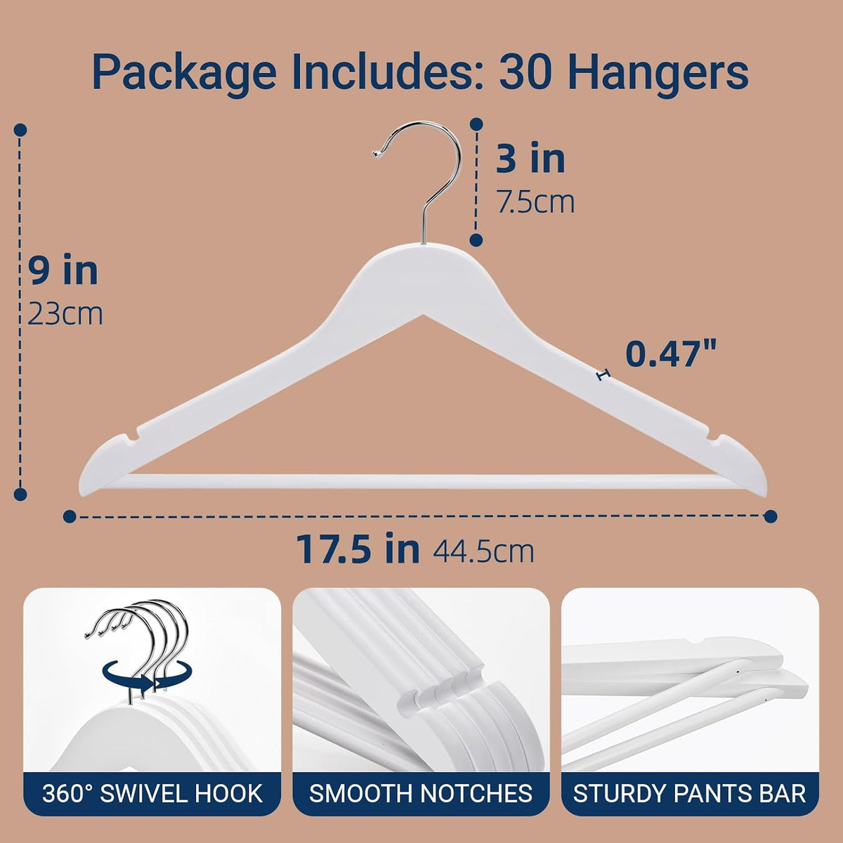Amber Home 30 Pack White Wooden Coat Hangers, Wood Suit Hangers