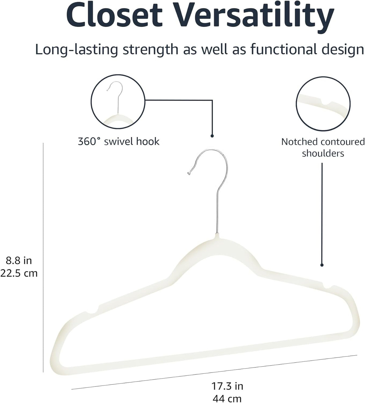 Amazon Basics Slim Velvet Non-Slip Space Saving Suit Clothes Hangers with Shoulder Notches for Closet Organization, Ivory/Silver, 50-Pack