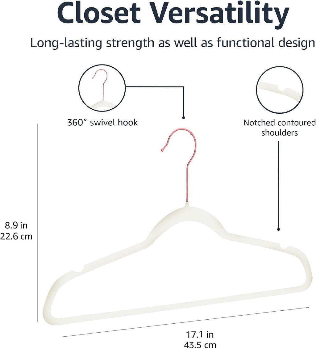 Amazon Basics Slim Velvet Non-Slip Space Saving Suit Clothes Hangers, Closet Organizer, Sturdy Construction, Ivory/Rose Gold, 50-Pack