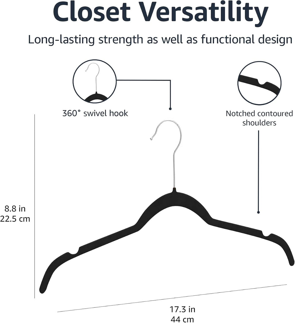 Amazon Basics Space-Saving Slim Velvet Non-Slip Clothes Hangers for Closet Organization with Shoulder Notches, Black/Silver, 30-Pack