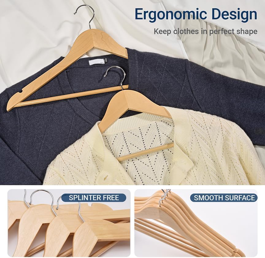 Amber Home 30 Pack Natural Wooden Coat Hangers, Wood Suit Hangers
