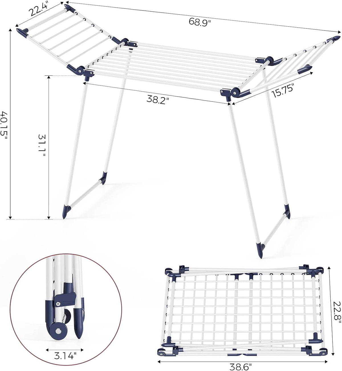 APEXCHASER Clothes Drying Rack, Large Capacity Drying Rack, 69" L, White