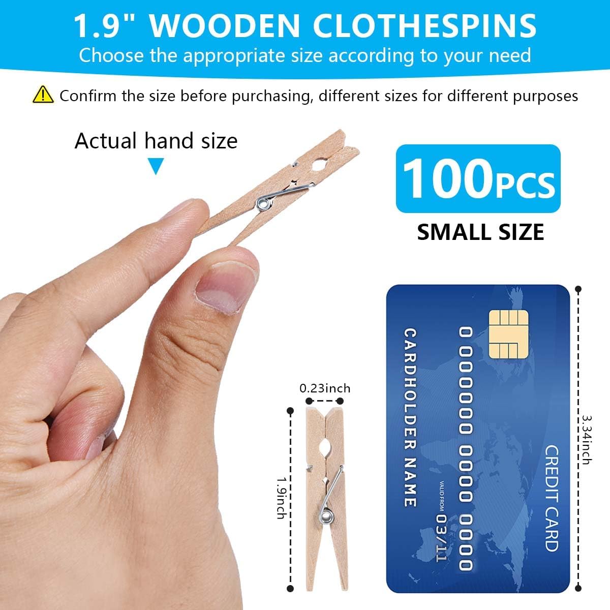 SenseYo 100 Pcs 1.9 Inch Wooden Clothes Pins Heavy Duty Natural Wood Clips Clothespins with Rust Resistant Spring for Hanging Pictures Chip Bags DIY Crafts Photos Drying Laundry Classroom Decoration