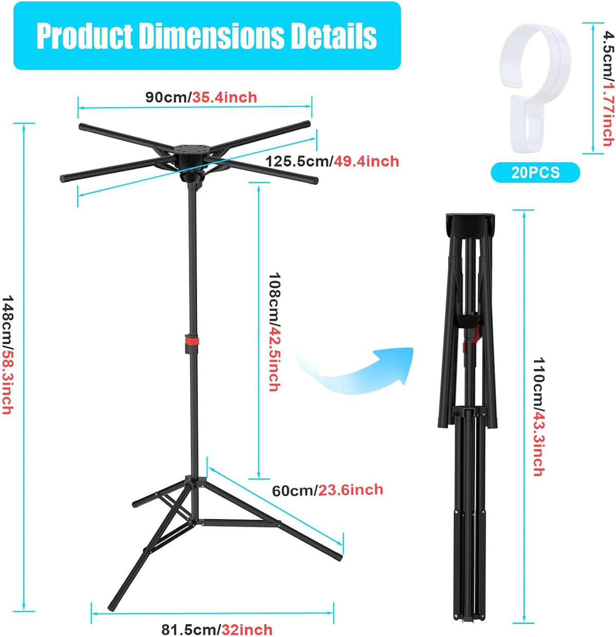 Portable Tripod Clothes Drying Rack, Foldable 4-Bar Rack for Space Saving