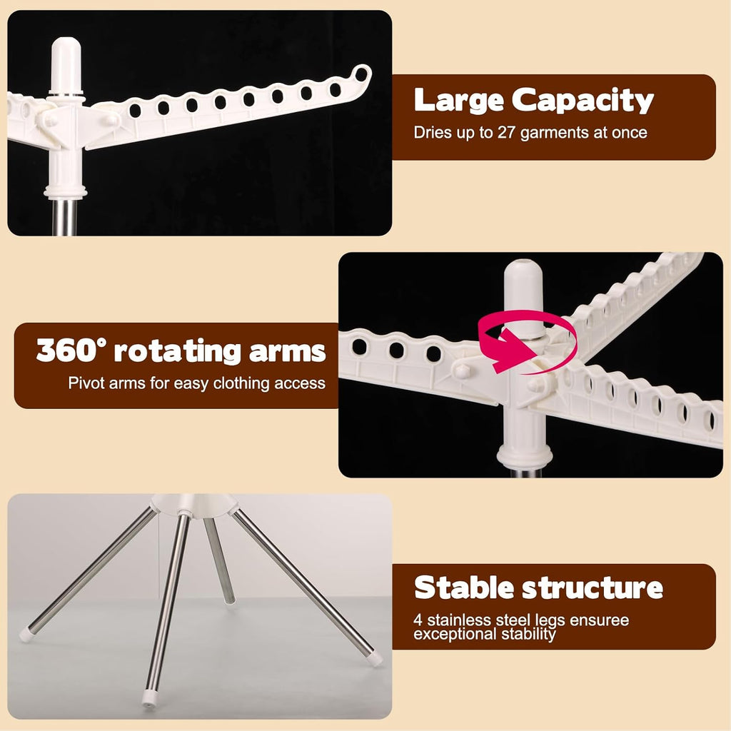2-Layer Rotatable & Foldable Clothes Drying Rack 75" Stainless Steel Laundry Drying Tree with 6 Rotatable Arms, 4-Leg Free-Standing Hanger Stand for Indoor, Balcony, and Laundry Room