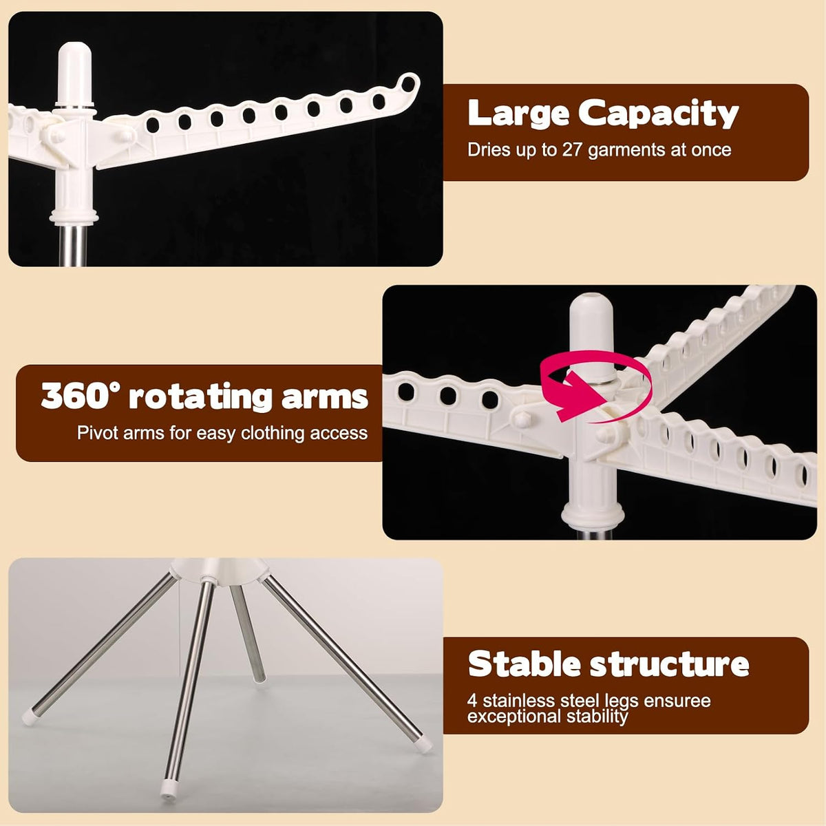 2-Layer Rotatable & Foldable Clothes Drying Rack 75" Stainless Steel Laundry Drying Tree with 6 Rotatable Arms, 4-Leg Free-Standing Hanger Stand for Indoor, Balcony, and Laundry Room