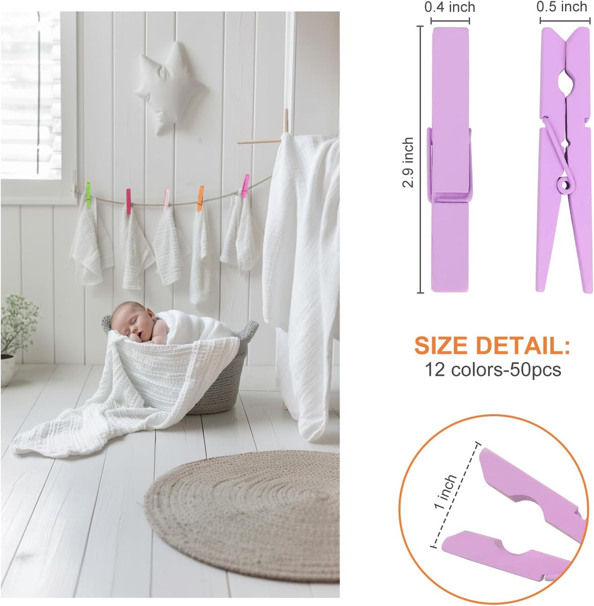 WAENLIR Colored Clothes pins 12 Color 2.9inch 50PCS, Colorful ClothesPins Wooden Clips for Photos Pictures Decorative Crafts, Decoration clothespins Clothing Hanging clothespins