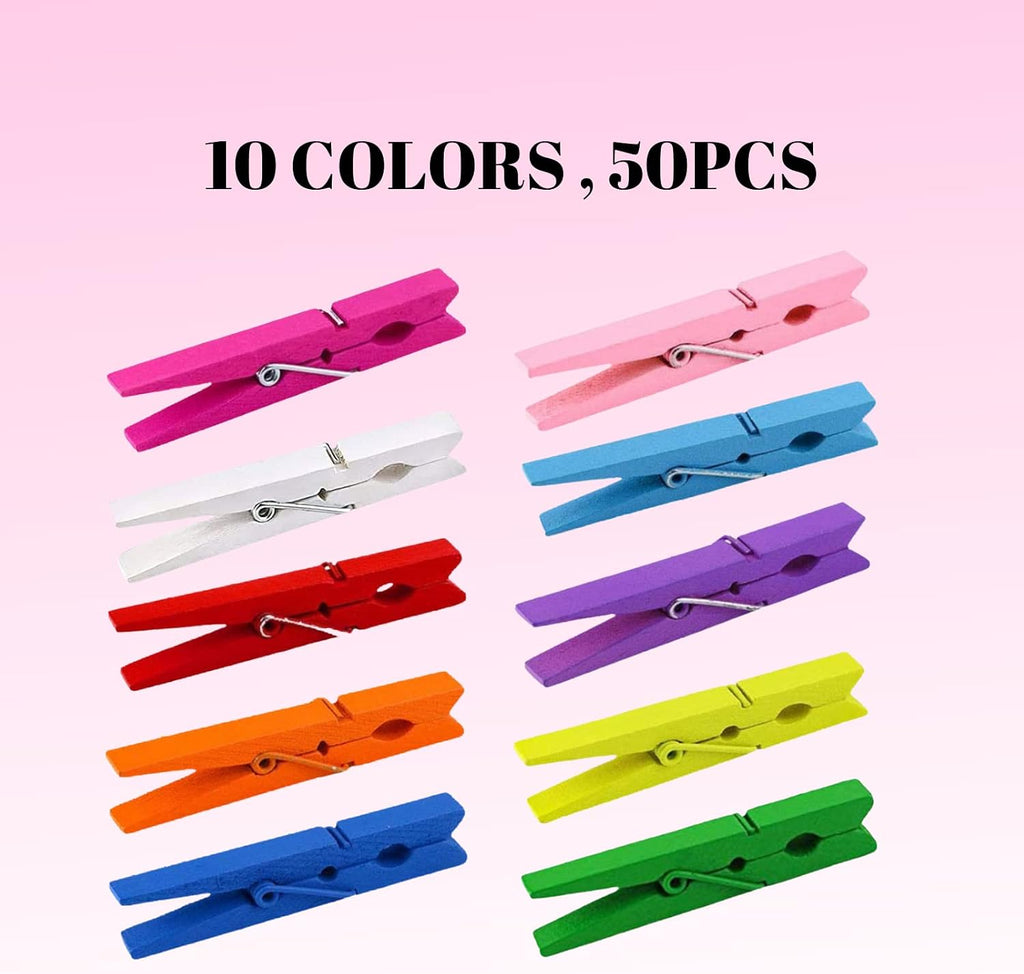 10 Colored Wooden Clothespins 50 PCS, 2.9 Inch Heavy Duty Clothes Pins