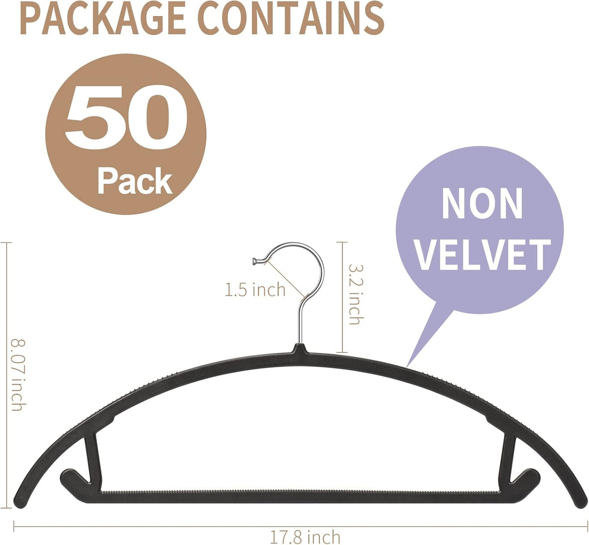 Ergonomic Curved Plastic Hangers 50 Pack No-Bump Black, Heavy Duty