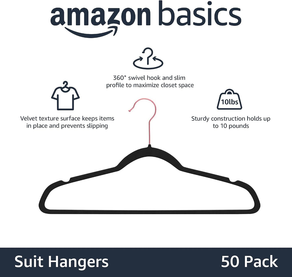 Amazon Basics Slim Velvet Non-Slip Space Saving Suit Clothes Hangers for Closet Organization, Black/Rose Gold, 50-Pack