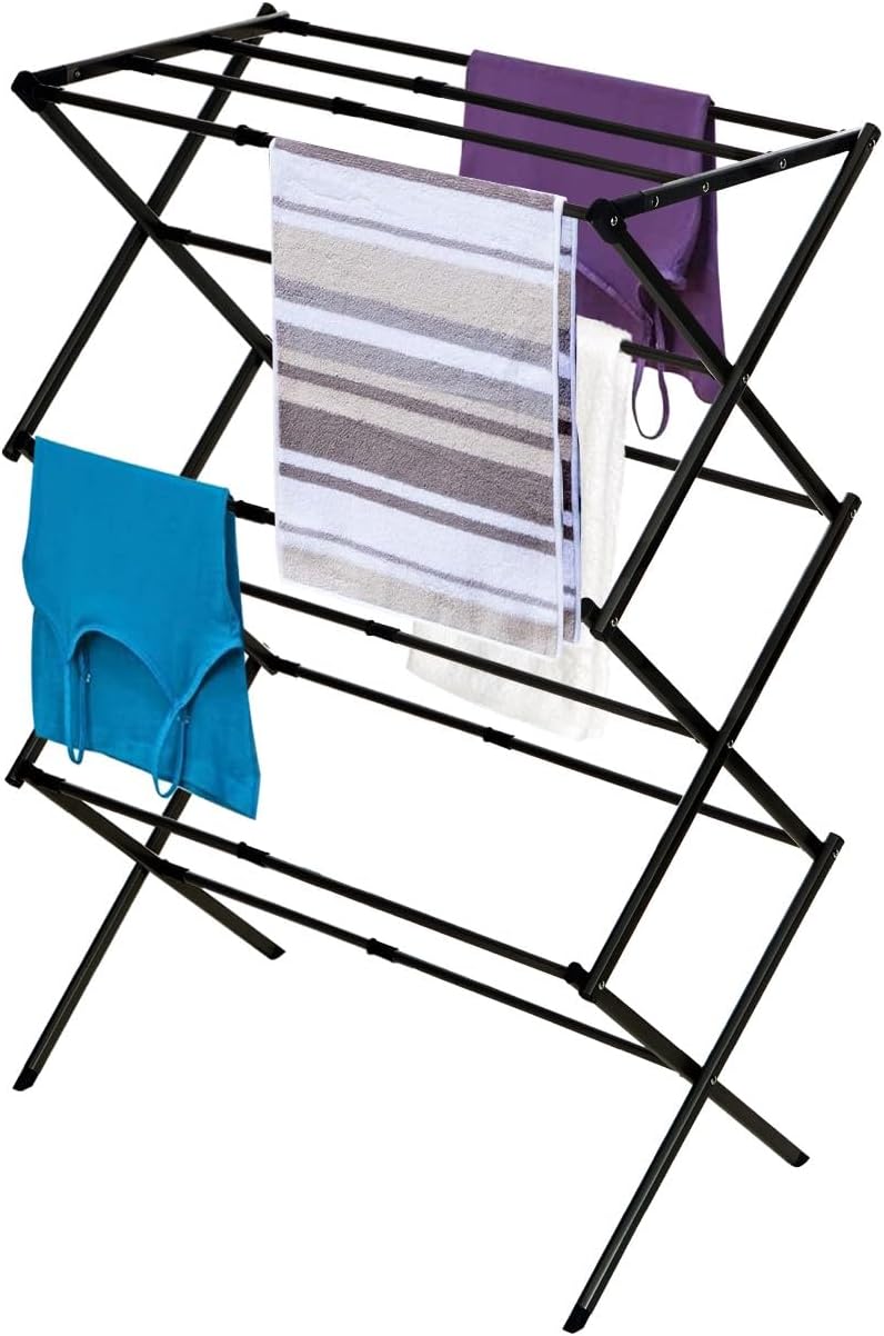 Black+Decker 3 Tier Expandable Collapsing Foldable Laundry Rack for Air Drying Clothing, Space Saving Heavy Duty Lightweight Metal Drying Rack, Black