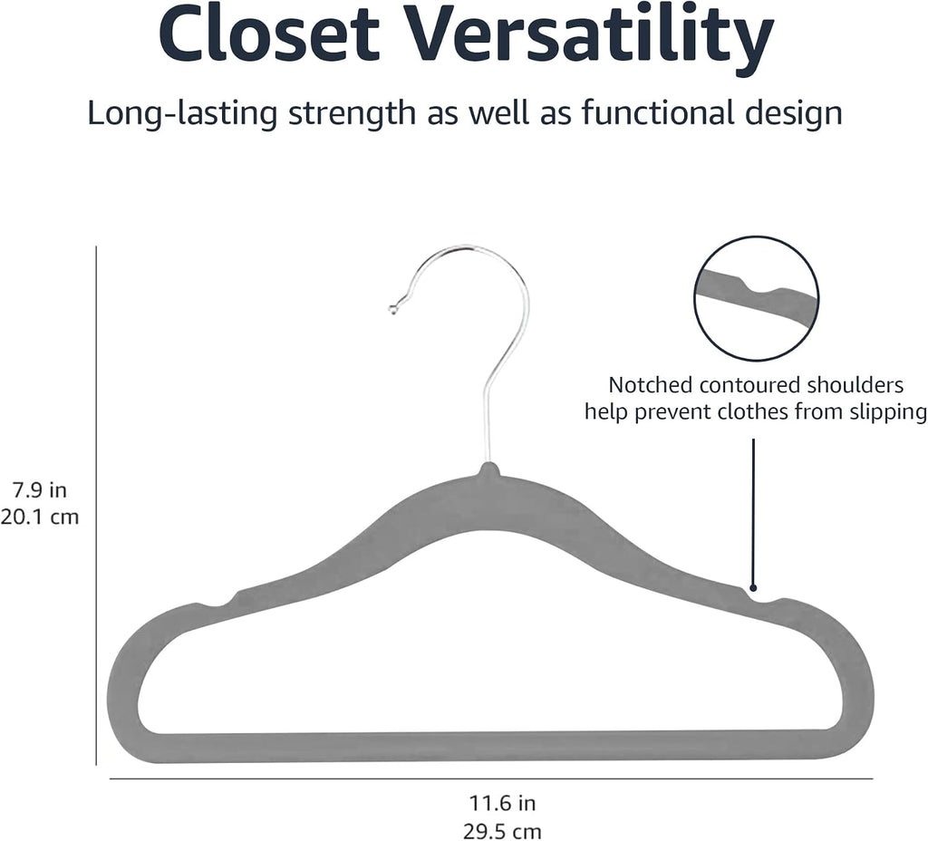 Amazon Basics Kids Velvet Non-Slip Space Saving Clothes Hangers with Shoulder Notches, Sturdy Closet Organizer for Baby/Toddler, 11.6", Gray, 30-Pack