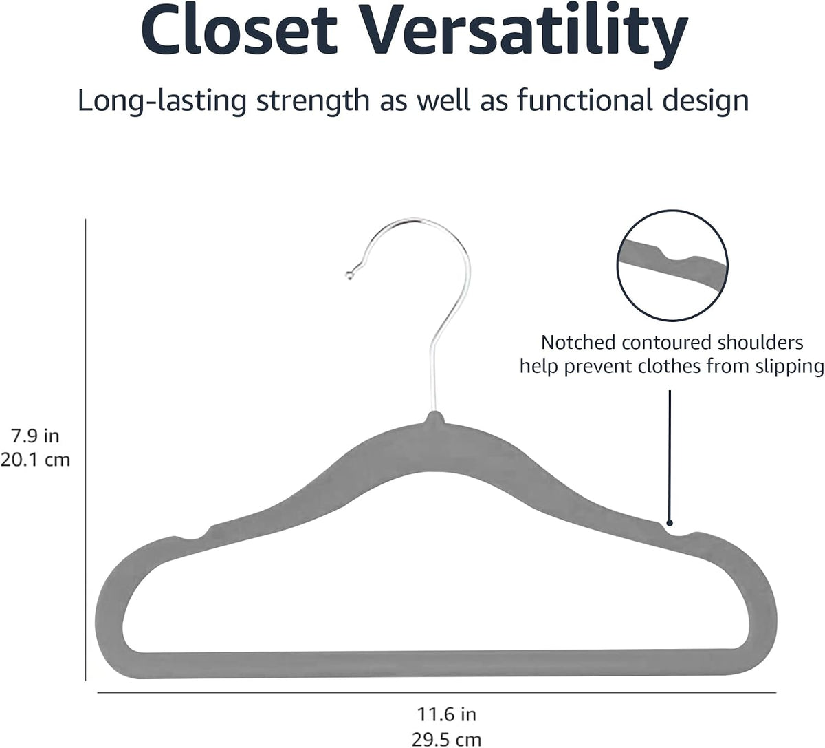 Amazon Basics Kids Velvet Non-Slip Space Saving Clothes Hangers with Shoulder Notches, Sturdy Closet Organizer for Baby/Toddler, 11.6", Gray, 30-Pack