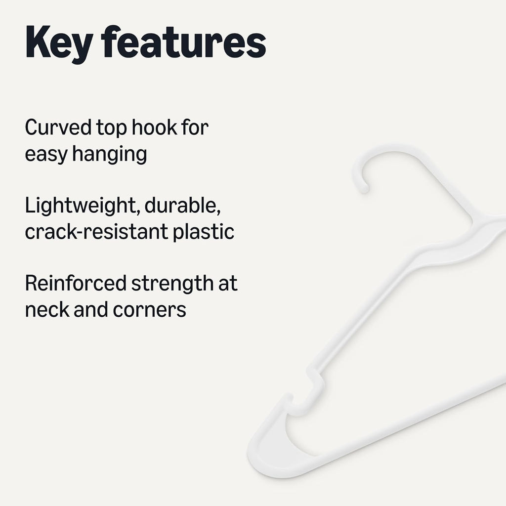 Amazon Basics Space Saving Plastic Clothes Hangers, Sturdy Closet Organizer for Shirts and Jackets, Adult Size, White, 50-Pack