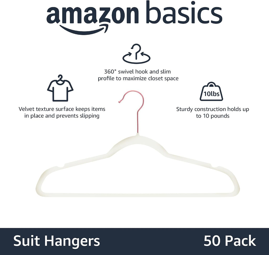 Amazon Basics Slim Velvet Non-Slip Space Saving Suit Clothes Hangers, Closet Organizer, Sturdy Construction, Ivory/Rose Gold, 50-Pack
