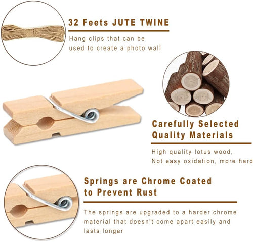 1.35 Inch Mini ClothesPins for Photo【100 Pcs】 with 32 Feet Jute Twine，Mini Clothes Pins for Crafts,Wooden Small Clothes Pins for Pictures,Tiny Decorative Clothespins for Baby Shower(Natural Color)