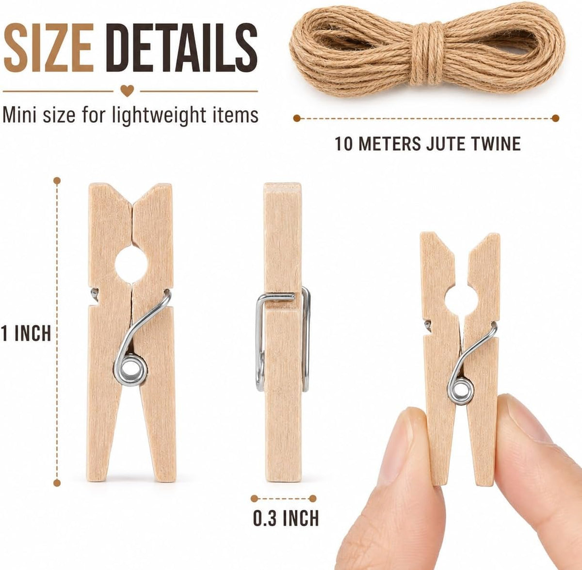 200 PCS Mini Clothespins for Photos, 1 Inch Mini Wooden Clothespins with 10M Jute Twine, Small Clothes Pins, Tiny Photo Clips, Wooden Clips for Picture Display, Crafts, Scrapbooking, Party Decorations