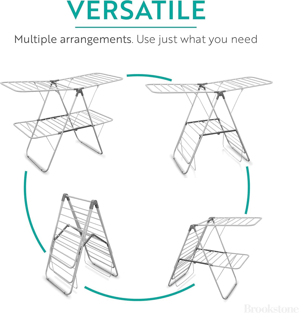 Brookstone 2 Tier Folding Rack - Indoor/Outdoor Collapsible Clothes Dryer Stand Laundry or Shoe Rack, Heavy Duty Freestanding Garment Hanger, Foldable, Clothing Drying Rack, White