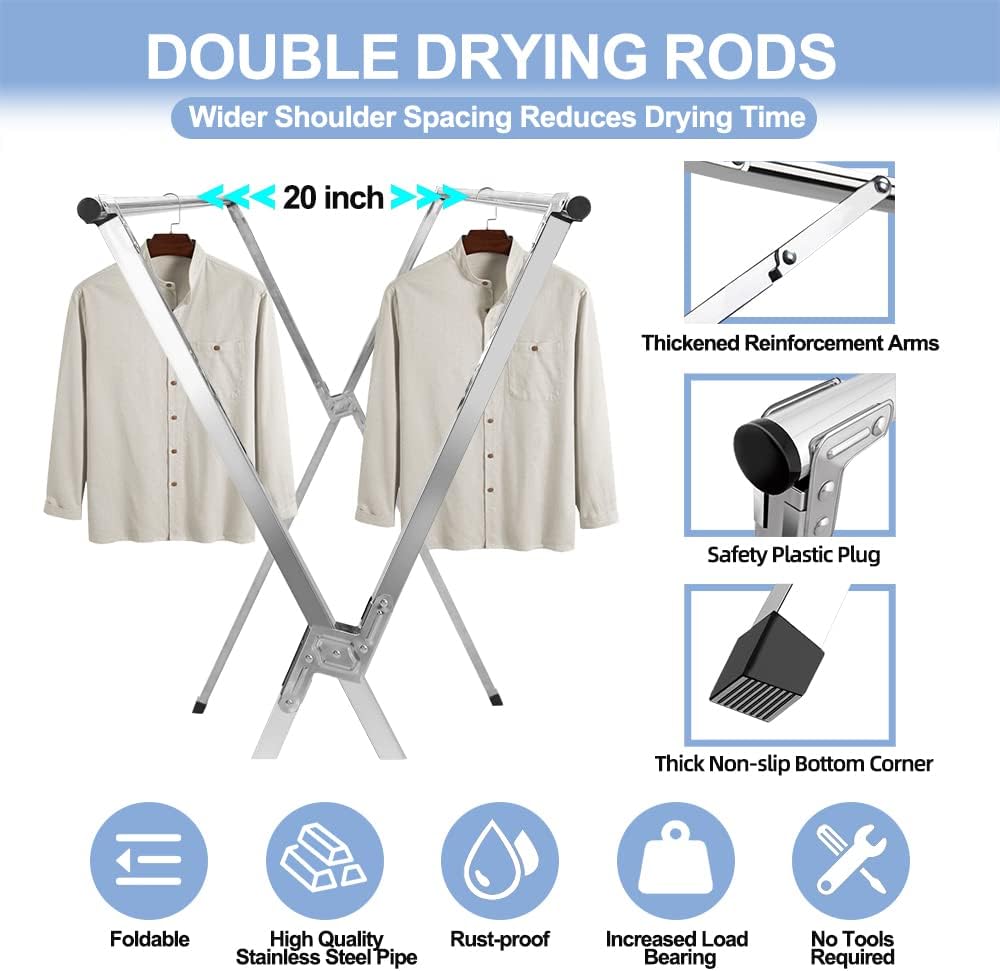 2026 Premium Stainless Steel Clothes Drying Racks, Foldable and Adjustable Laundry Drying Rack Clothing for Indoor Outdoor （79" D x 28.4" W x 50.4" H）