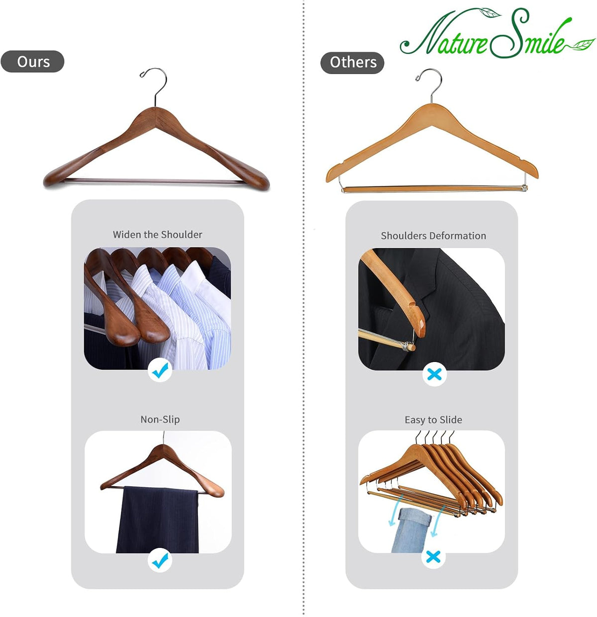 Nature Smile Luxury Wooden Suit Hangers 6 Pack Wood Coat Hangers Jacket Outerwear Shirt Hangers,with Extra-Wide Shoulder, 360 Degree Swivel Hooks & Anti-Slip Bar with Screw(Retro Color)