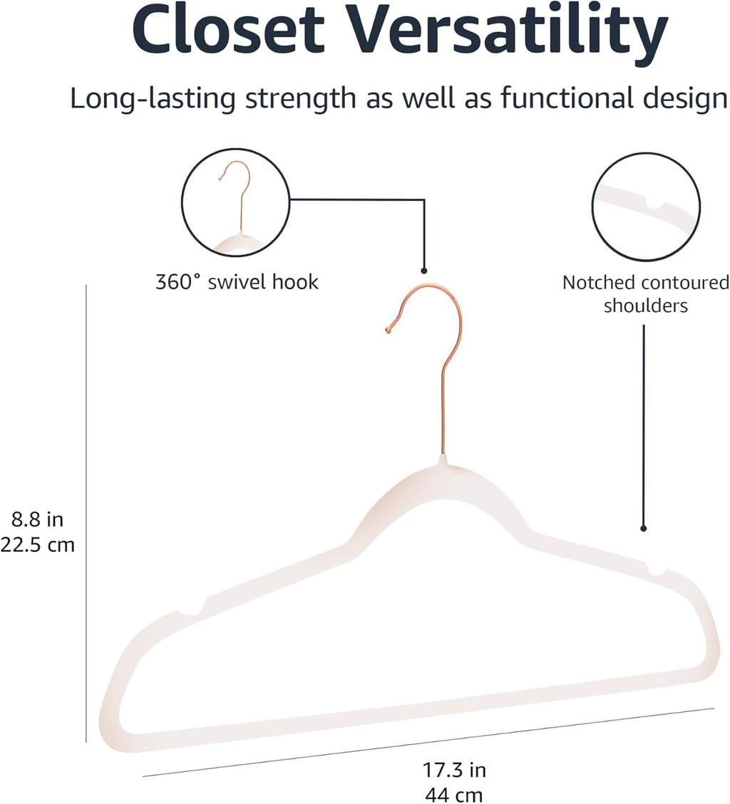 Amazon Basics Space Saving Slim Velvet Non-Slip Suit Clothes Hangers, Sturdy Construction, Closet Organizer, Pack of 50, Blush Pink/Rose Gold