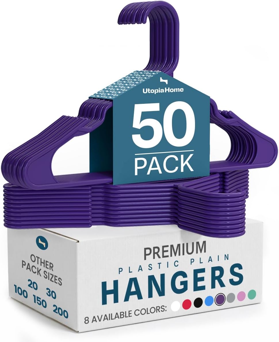 Utopia Home Plastic Hangers 50 Pack – Space Saving Clothes Hanger Purple