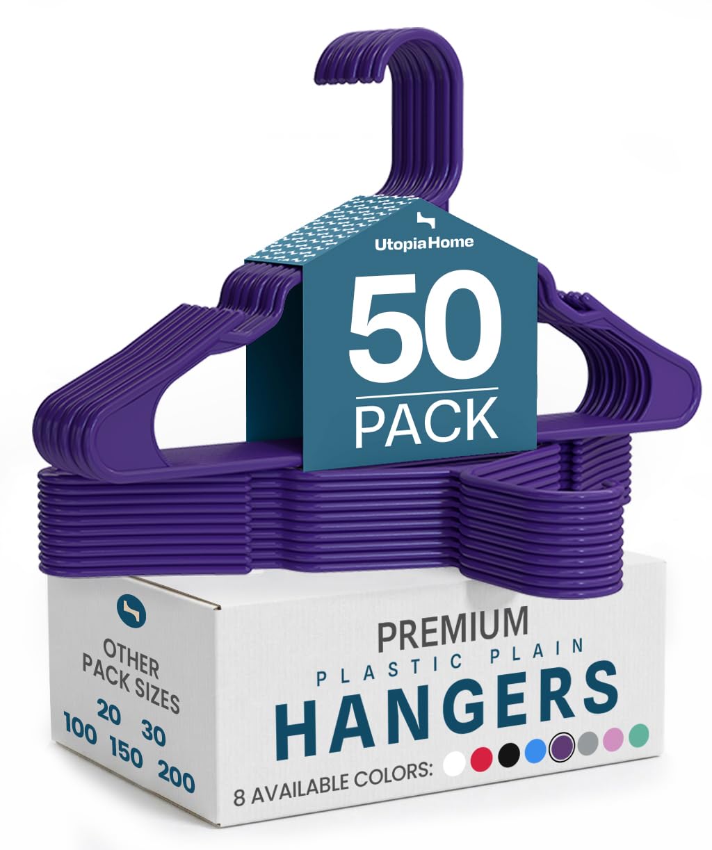 Utopia Home Plastic Hangers 50 Pack – Space Saving Clothes Hanger Purple