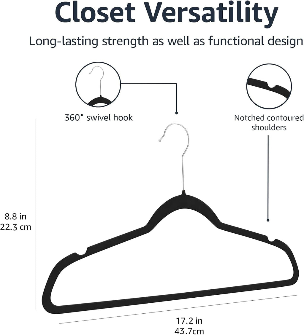 Amazon Basics Slim Velvet Non-Slip Space Saving Suit Clothes Hangers, Closet Organizer, Black/Silver, 100-Pack