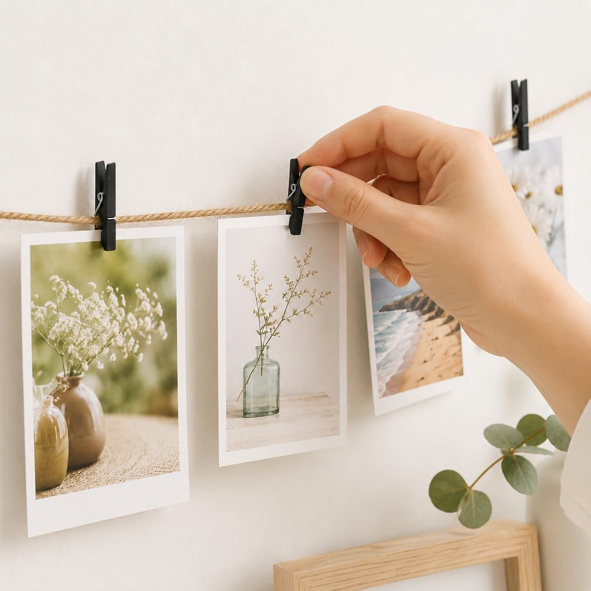 Mini Photo Clips, 100pcs Black Clothes Pins for Photos, Black Wooden Clothespins with Jute Twine, Small Clothes Pins Tiny Clothespins for Photos, Crafts, Pictures, Party Decorations