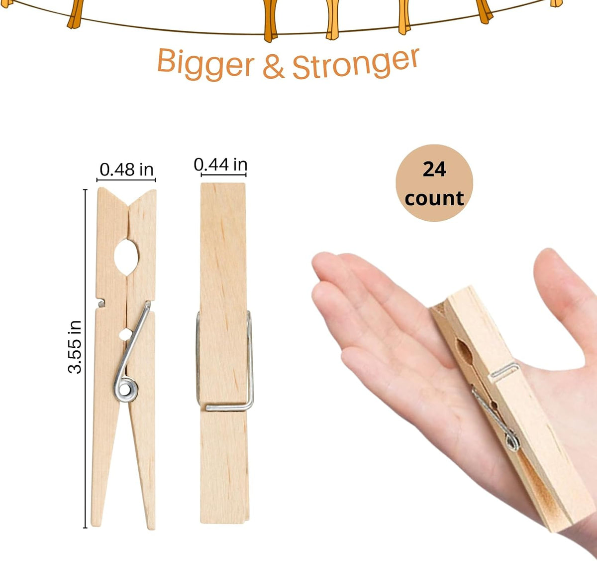 24 PCS Wood Clothespins - 3.55 Inch Clothes Pins Heavy Duty Outdoor