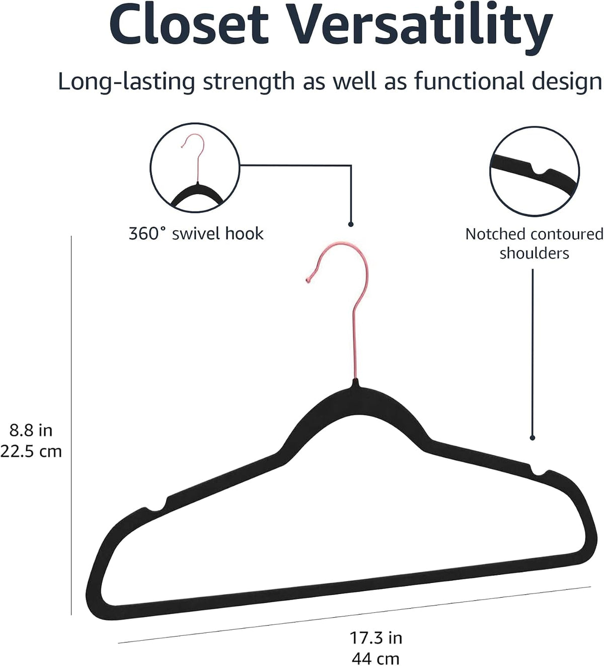 Amazon Basics Slim Velvet Non-Slip Space Saving Suit Clothes Hangers for Closet Organization, Black/Rose Gold, 50-Pack