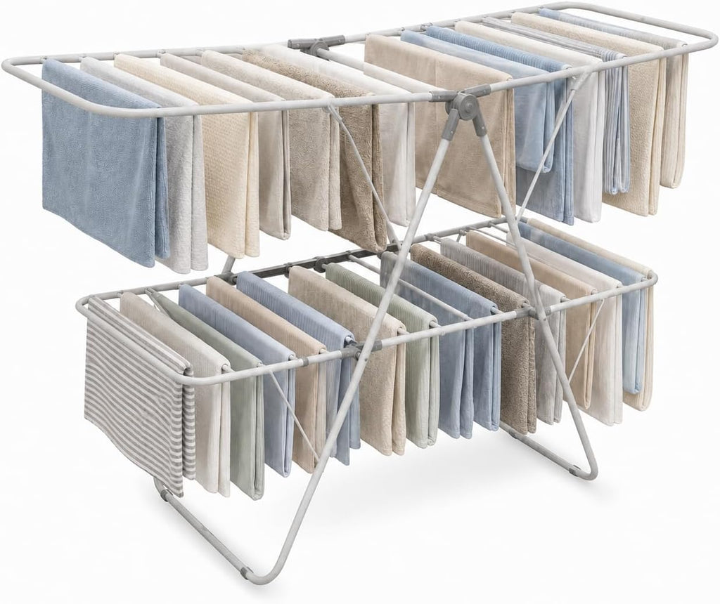 Brookstone 2 Tier Folding Rack - Indoor/Outdoor Collapsible Clothes Dryer Stand Laundry or Shoe Rack, Heavy Duty Freestanding Garment Hanger, Foldable, Clothing Drying Rack, White