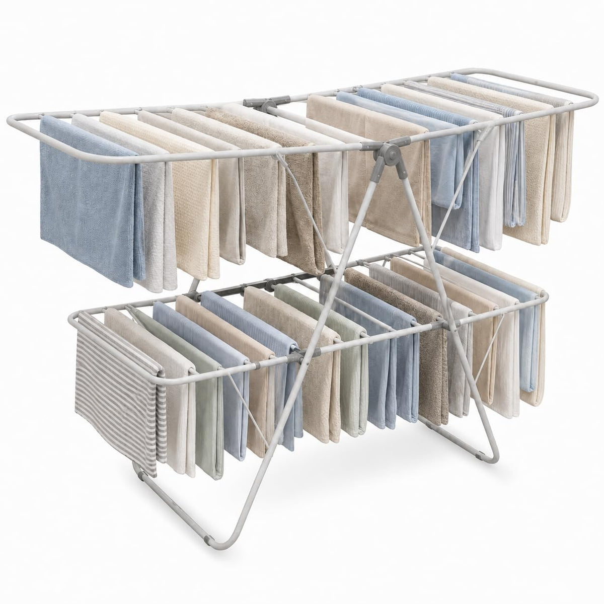 Brookstone 2 Tier Folding Rack - Indoor/Outdoor Collapsible Clothes Dryer Stand Laundry or Shoe Rack, Heavy Duty Freestanding Garment Hanger, Foldable, Clothing Drying Rack, White