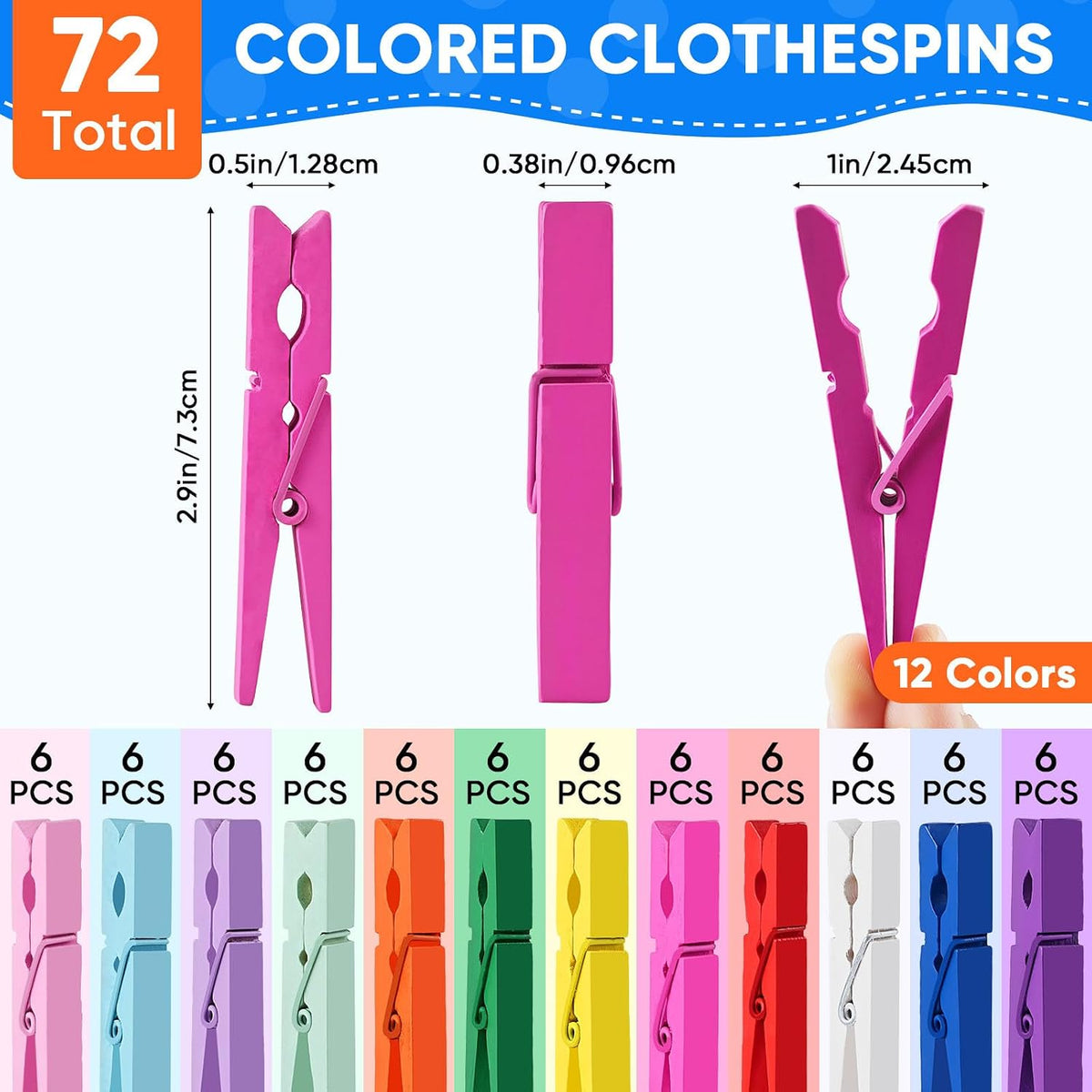 72 PCS Clothes Pins Wooden, 12 Colored Wooden Clothespins Bulk 2.9 Inch for Crafts, Pictures, Photos, Laundry, Classroom, DIY Art Decor, Heavy Duty Clothing Pins Rustproof Spring Wood Clips