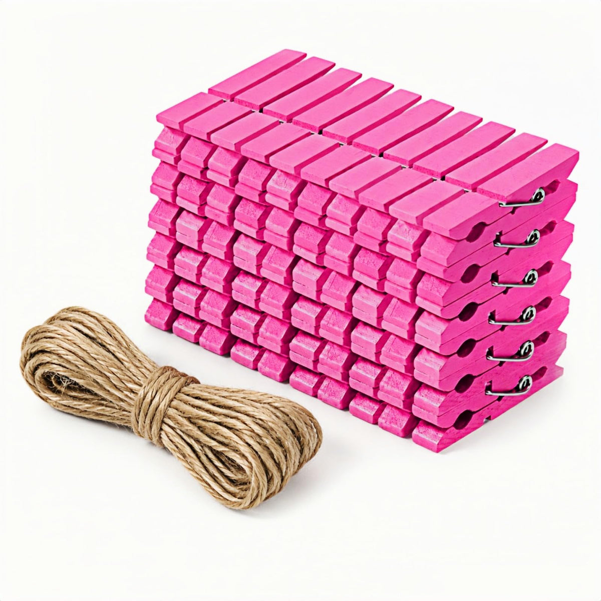 1.4 Inch Mini Wooden Clothespins, 50 Pack Natural Birch Wood Clips with Spring for Crafts, Photo Hanging, DIY Projects, Party & Home Decoration Jute Twine Clothing Line(Pink)