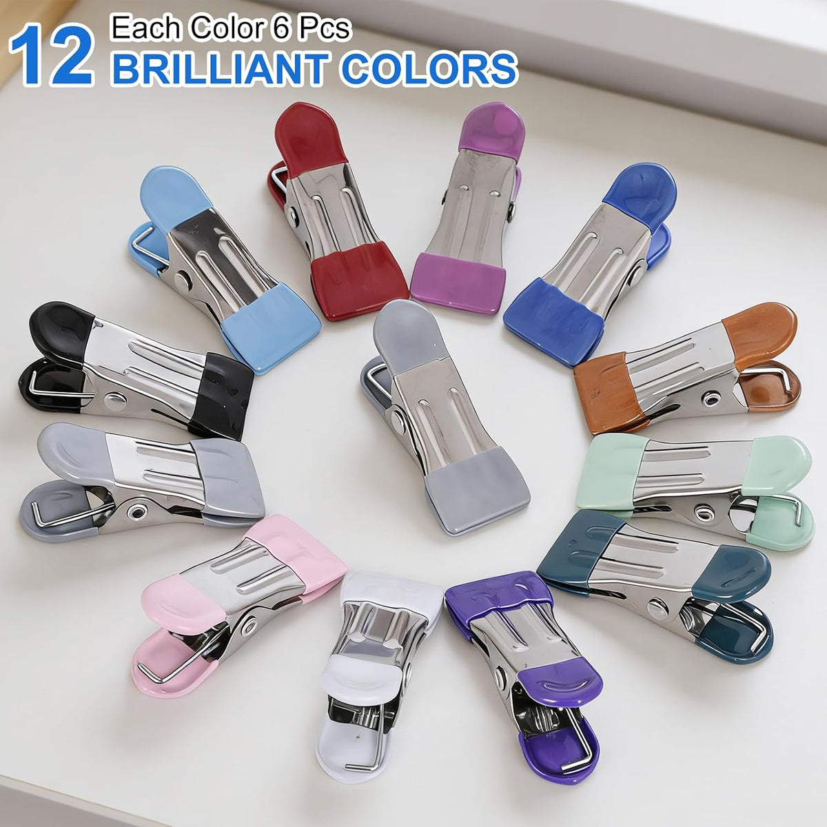 Clothes Pins Heavy Duty 72 Pack, Metal Clothespins Strong Grip, Clothes line Clips (12 Colors)